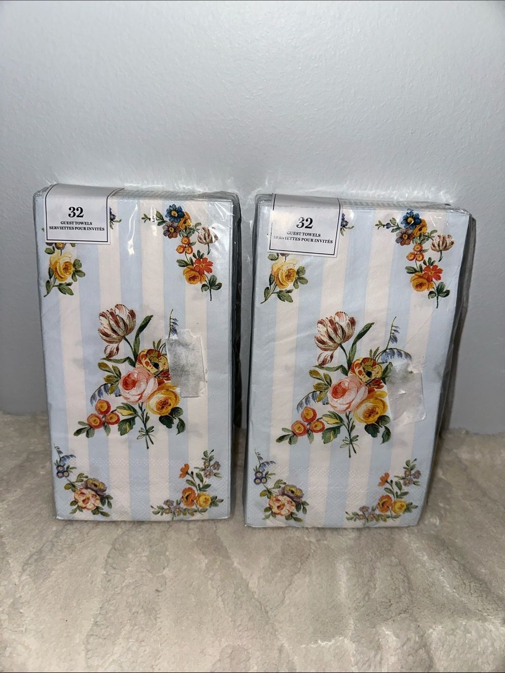 Punch Studio 32 x 2pk Guest Paper Towel Napkins White Blue Floral Stripe Print